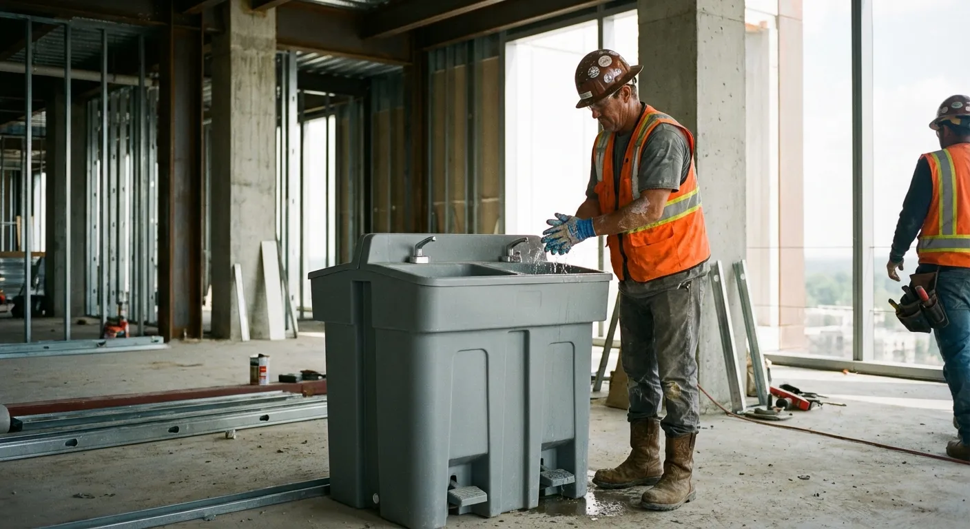 A dual-basin hand wash station positioned on a concrete floor of a high-rise construction site with the city skyline visible through open steel framing. in Lynchburg, VA