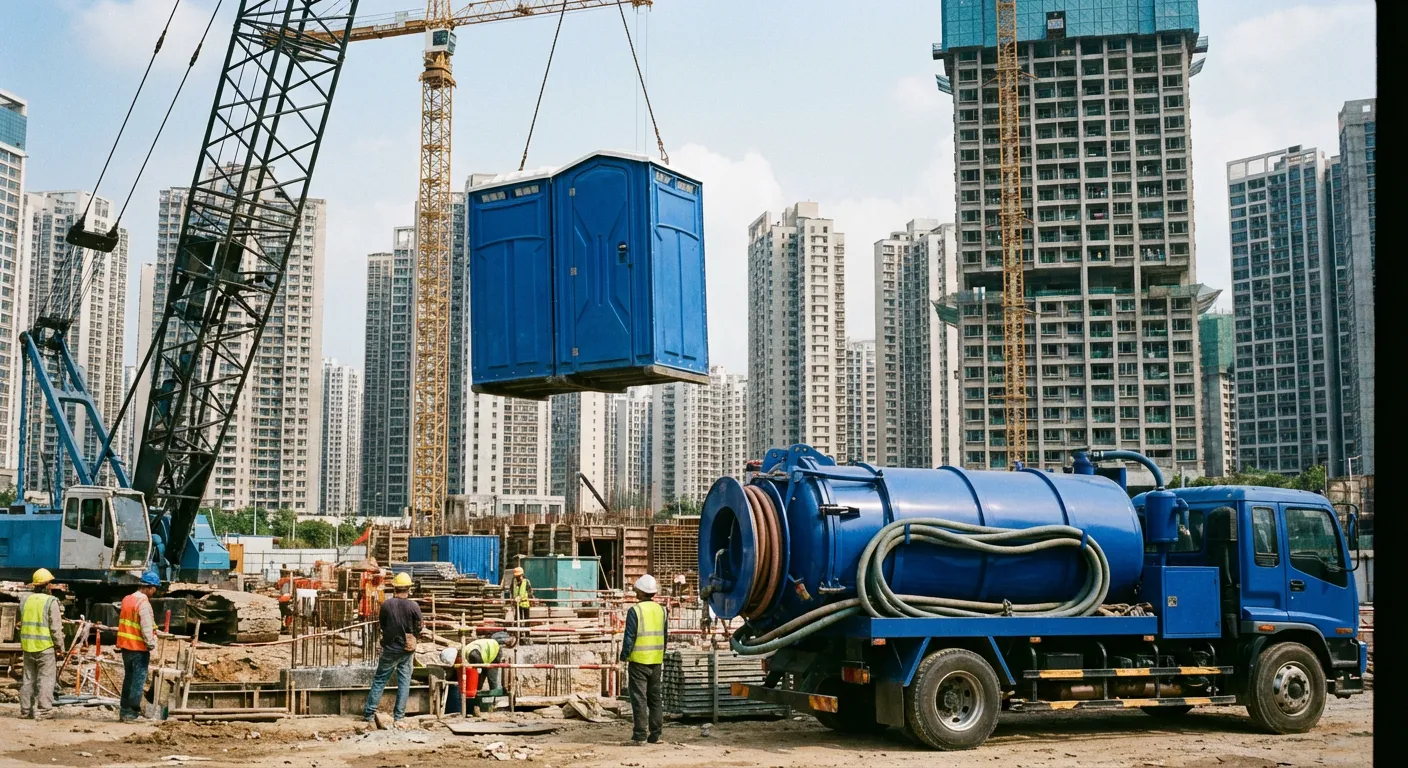 A High-Rise Crane Liftable Toilet unit suspended in mid-air by a crane against a city skyline during the day, showcasing the steel sling attachment. in Lynchburg, VA