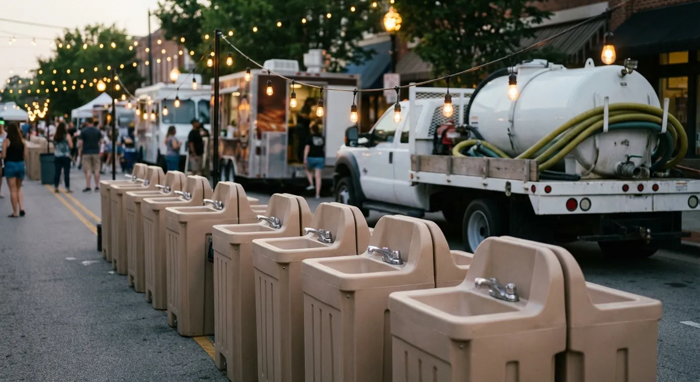 A row of clean, grey portable hand wash stations set up on pavement near food trucks, with blurred festival lights and crowd in the background. in Lynchburg, VA