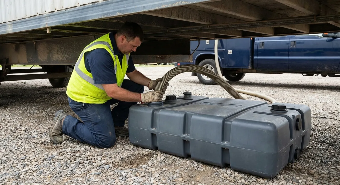 Hill City Portable Restrooms vacuum truck servicing a waste holding tank at a construction site in Lynchburg, VA