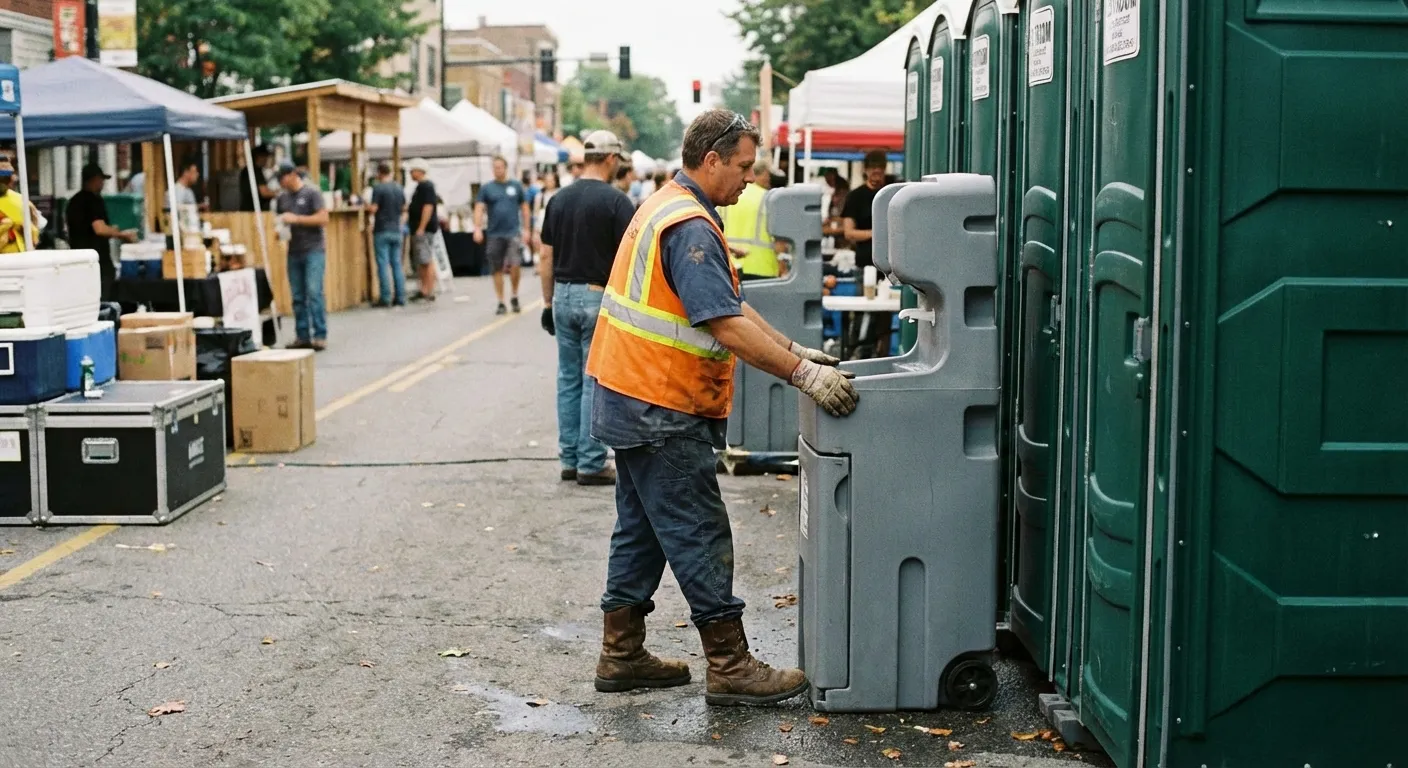 A row of pristine Special Event Portable Restrooms and hand wash stations lined up along a festival barrier with blurred crowds in the background. in Lynchburg, VA