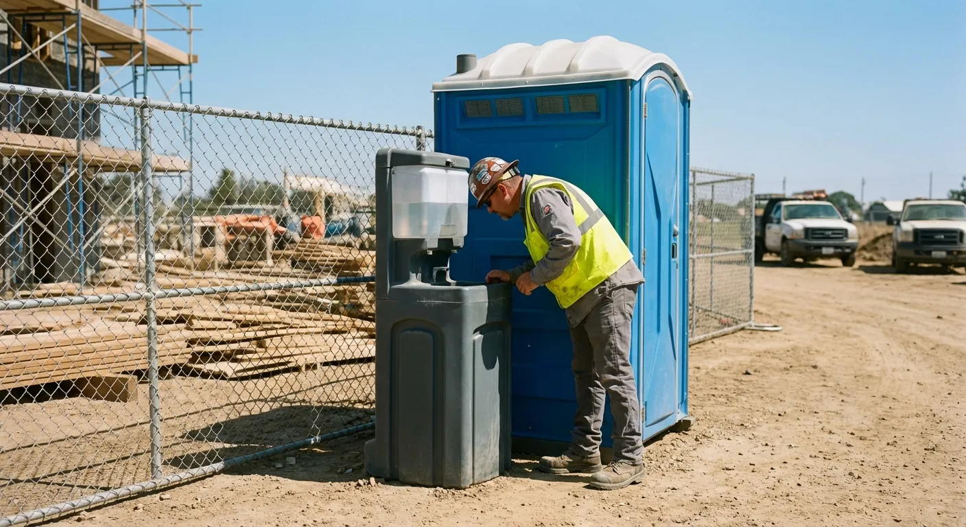 A close-up view of a portable hand wash station next to a portable toilet on a dirt construction site, focusing on the foot pump mechanism. in Lynchburg, VA