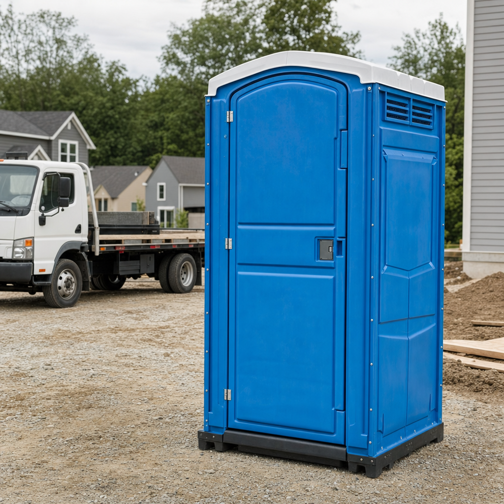 Delivery driver positioning a clean royal-blue portable toilet on level ground at a Lynchburg worksite