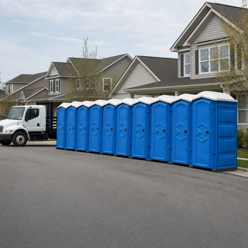 Royal blue portable toilets staged in a tidy row at a Lynchburg jobsite, ready for delivery
